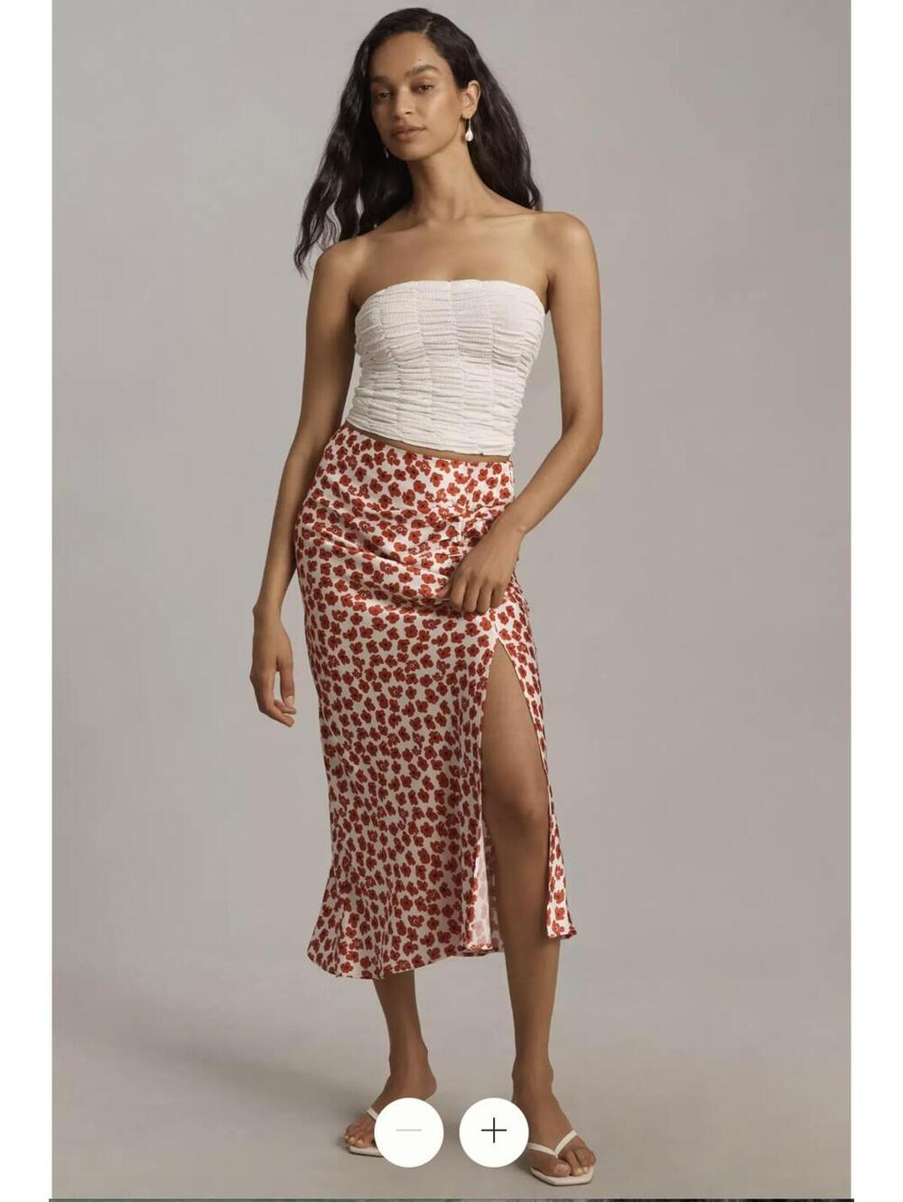 Anthropologie Maeve Red Poppy Mel Ruched Side-Slit Midi Skirt Size S